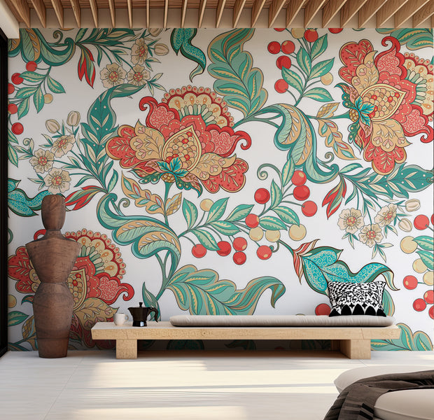Peel & Stick Floral Wall Mural - Boho Ethnic Flower Motif 38"Wx27"H