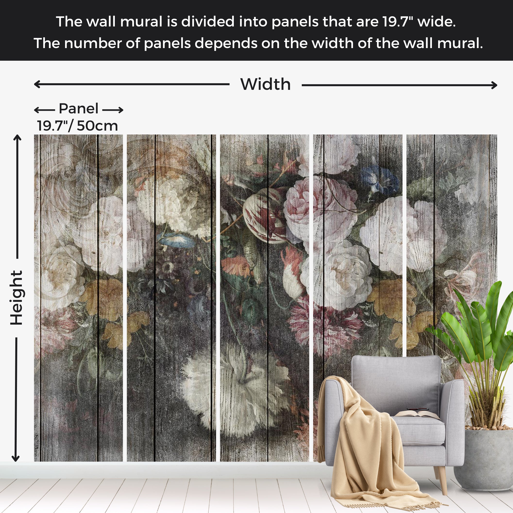 Floral Wallpaper Wall Mural - Vintage Flowers on Wood 39"Wx27"H / Standard