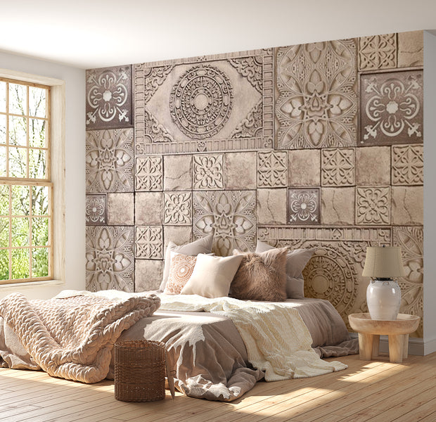 Background & Patterns Wallpaper Wall Mural - Concrete Mandala Mosaic Tiles 39"Wx27"H