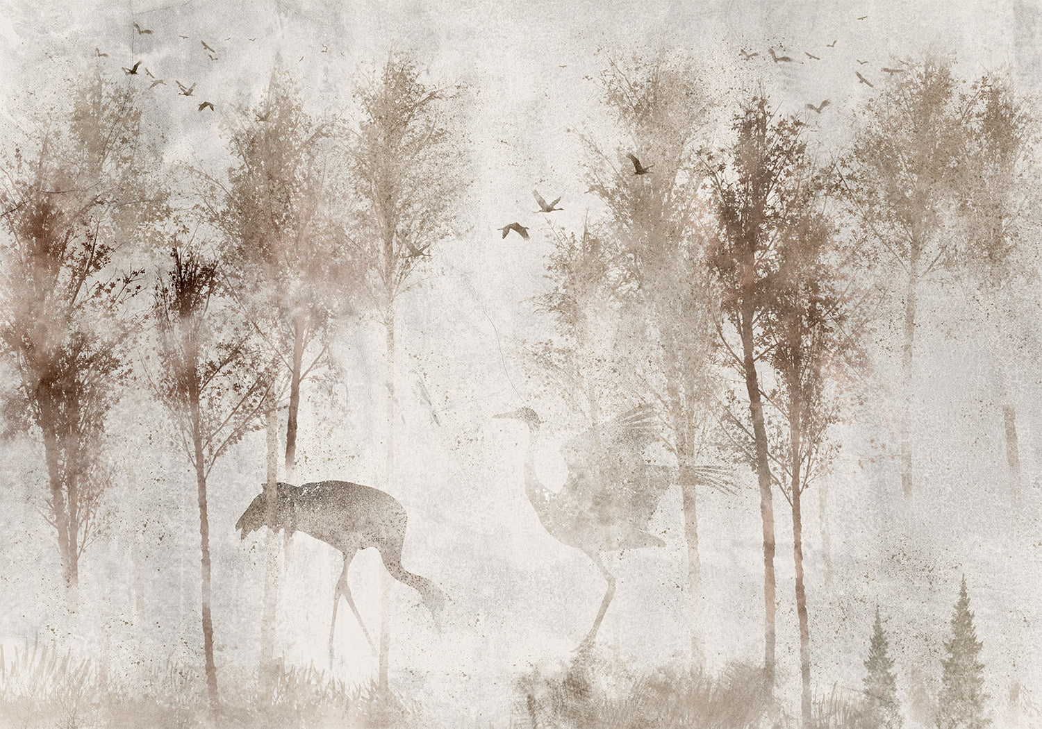 Peel & Stick Landscape Wall Mural - Birds In Foggy Forest - Removable Wallpaper