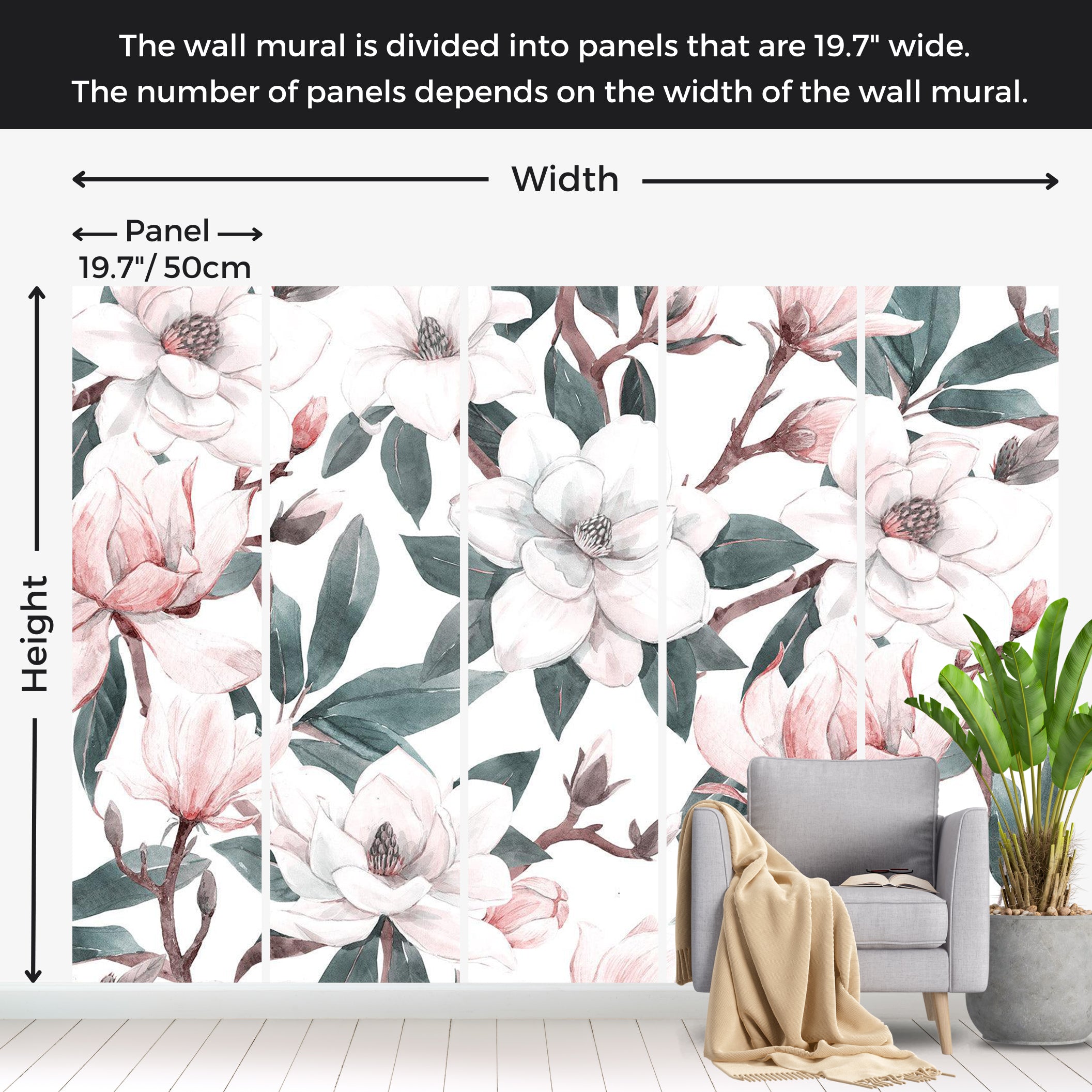 Floral Wallpaper Wall Mural - Watercolor Magnolias 39"Wx27"H / Standard