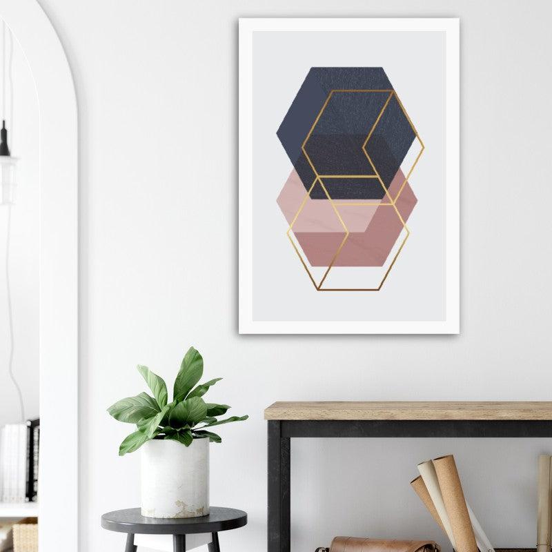 Marble Blush Dark Blue Gold Geometric Poster 03