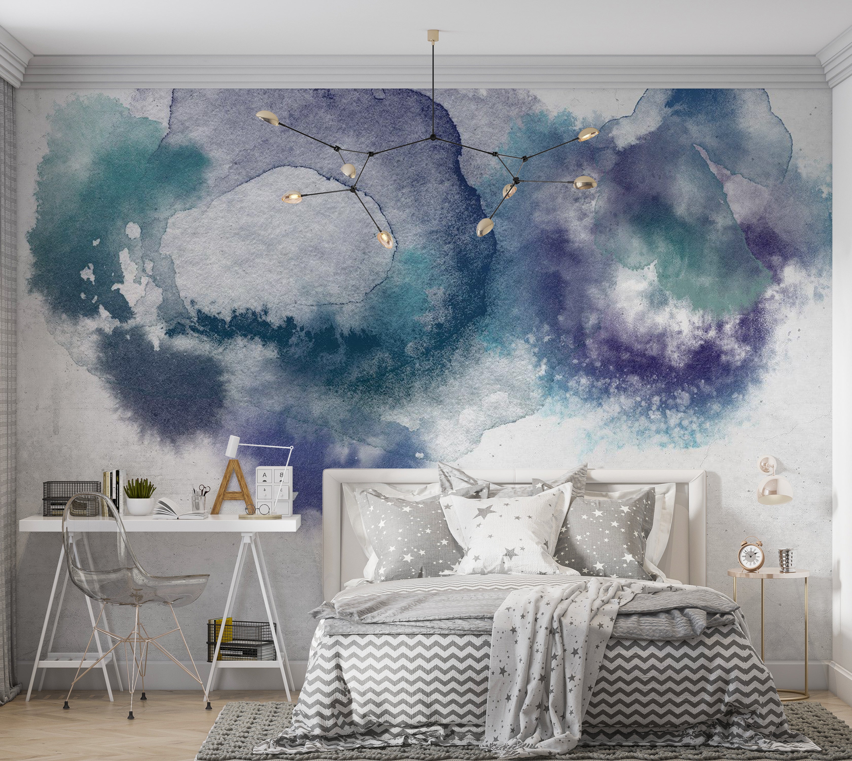 Abstract Wallpaper Wall Mural - Blue Watercolor Drops 39"Wx27"H / Standard