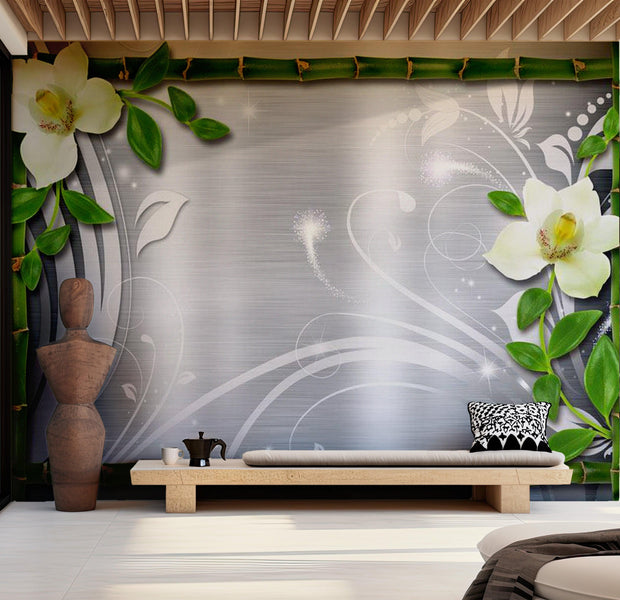 Zen Wallpaper Wall Mural - Bamboo And Two Orchids