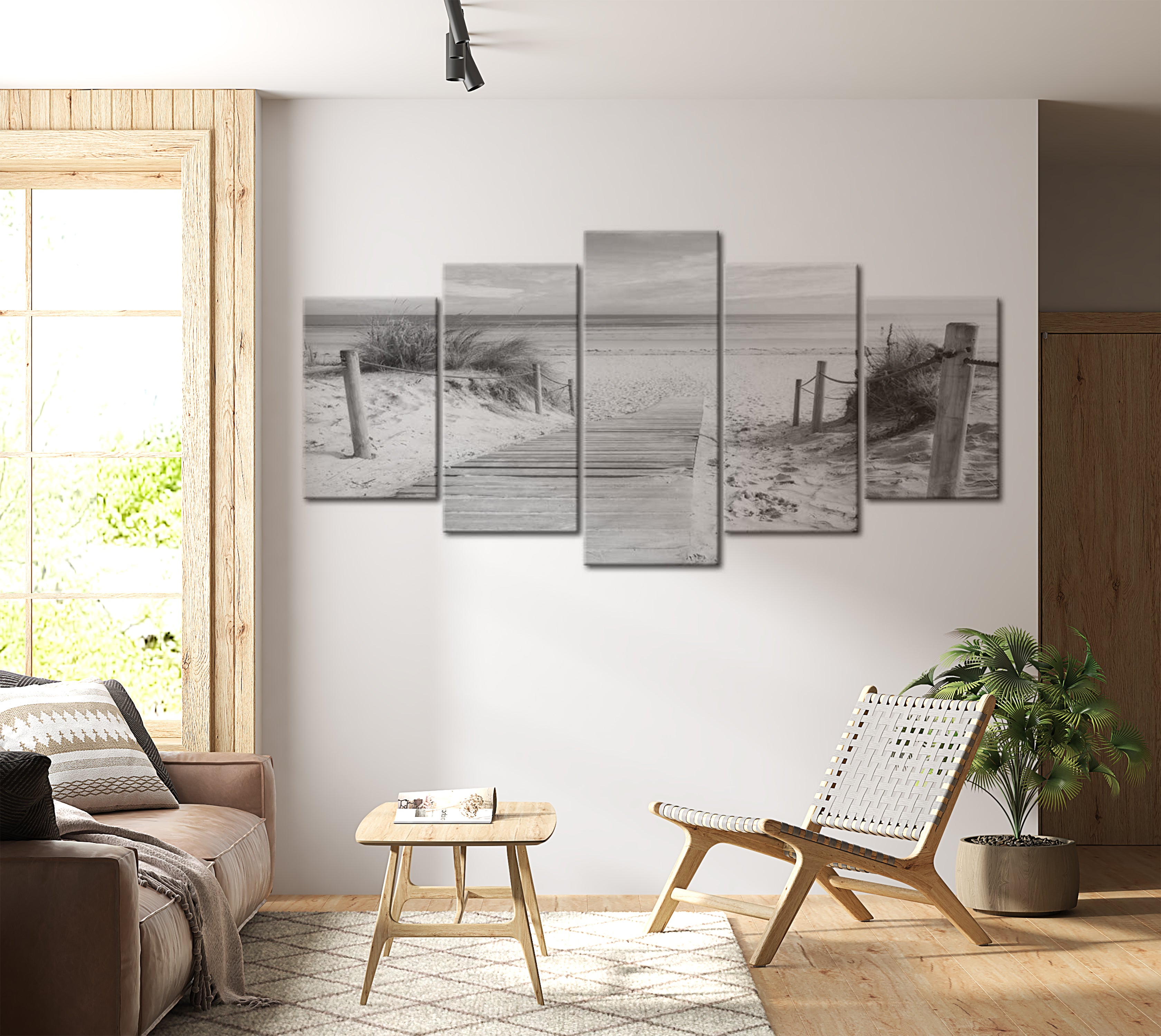 Stretched Canvas Landscape Art - Morning On The Beach - Black And White 40"Wx20"H