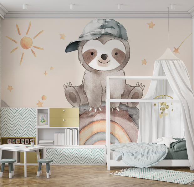 Peel & Stick Kids Wall Mural - Little Sloth on a Rainbow 38"Wx27"H