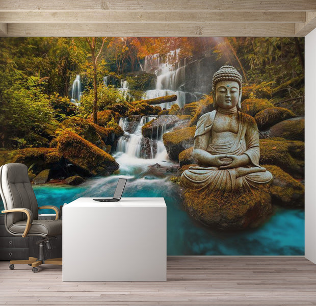 Zen Wallpaper Wall Mural - Buddha Waterfall Jungle 39"Wx27"H