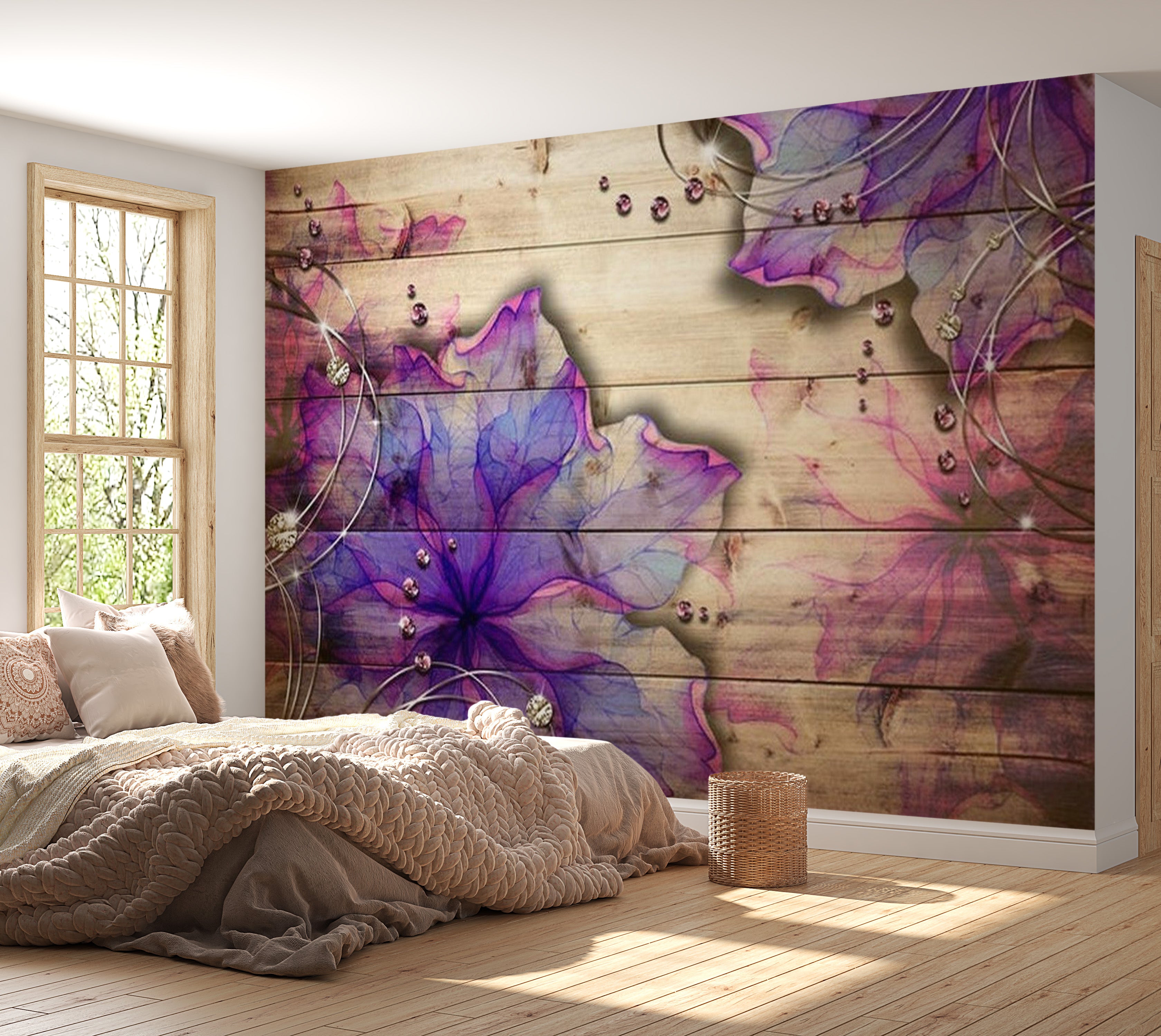 Background & Patterns Wallpaper Wall Mural - Purple Watercolour Flowers on Wood 39"Wx27"H