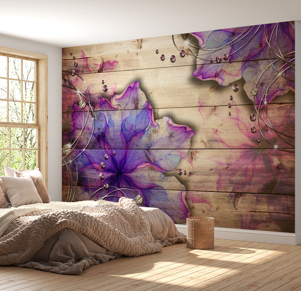 Background & Patterns Wallpaper Wall Mural - Purple Watercolour Flowers on Wood 39"Wx27"H