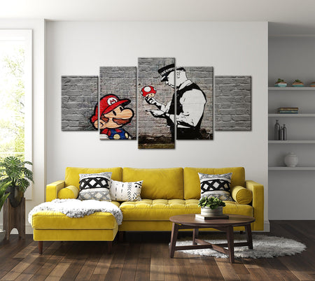 Stretched Canvas Street Art - Banksy Mario Mushroom Cop - 5 Pieces