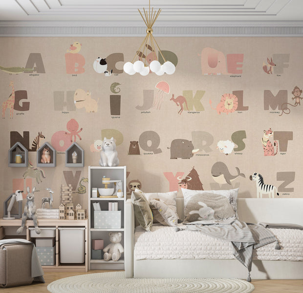 Kids Wallpaper Wall Mural - Beige Alphabet 39"Wx27"H / Standard