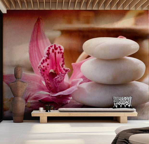 Zen Wallpaper Wall Mural - White Stacked Stones Spa 118"Wx90"H