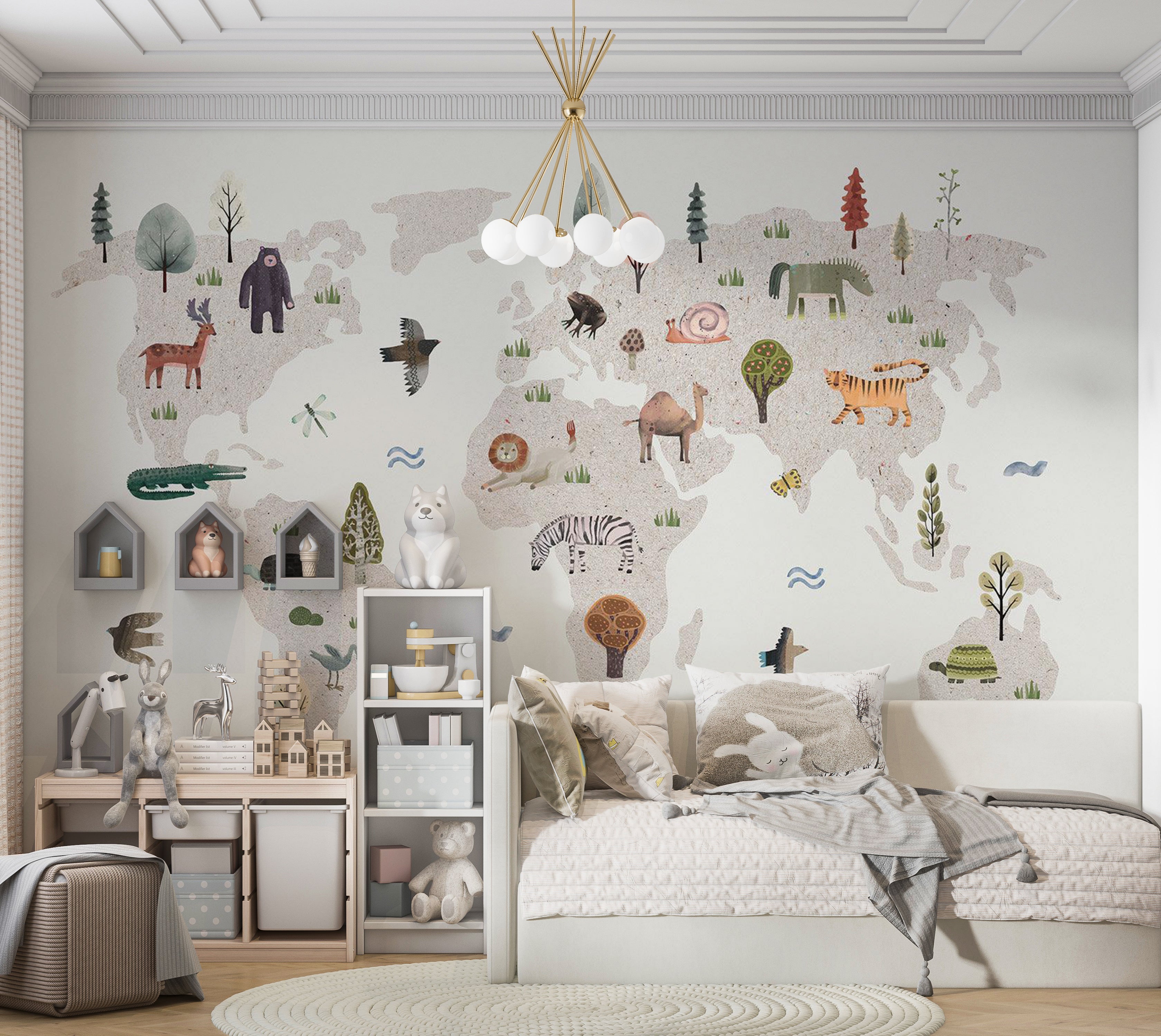 Kids Wallpaper Wall Mural - Beige World Map With Animals 39"Wx27"H / Standard