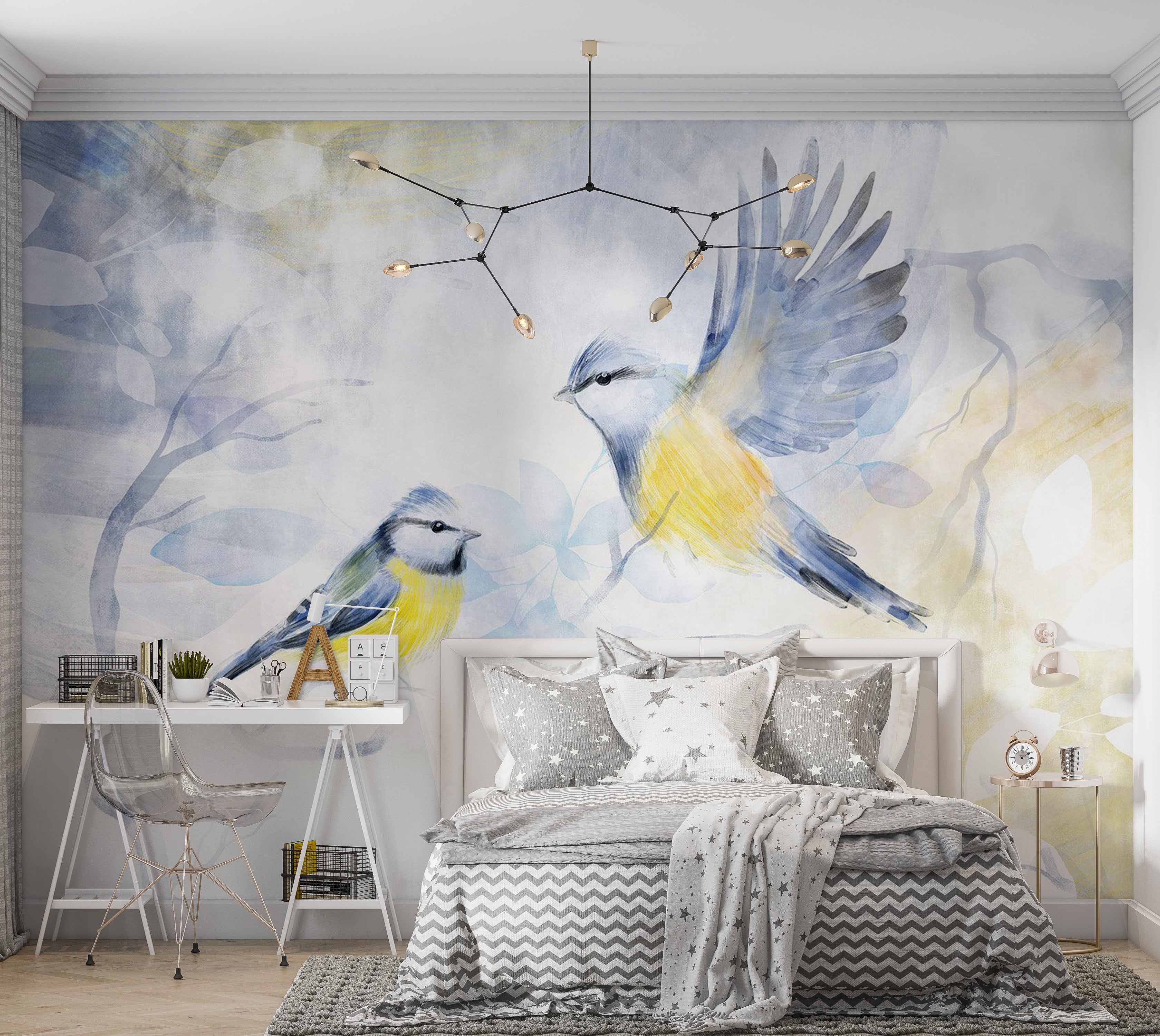 Animal Wallpaper Wall Mural - Watercolor Birds Blue 39"Wx27"H / Standard