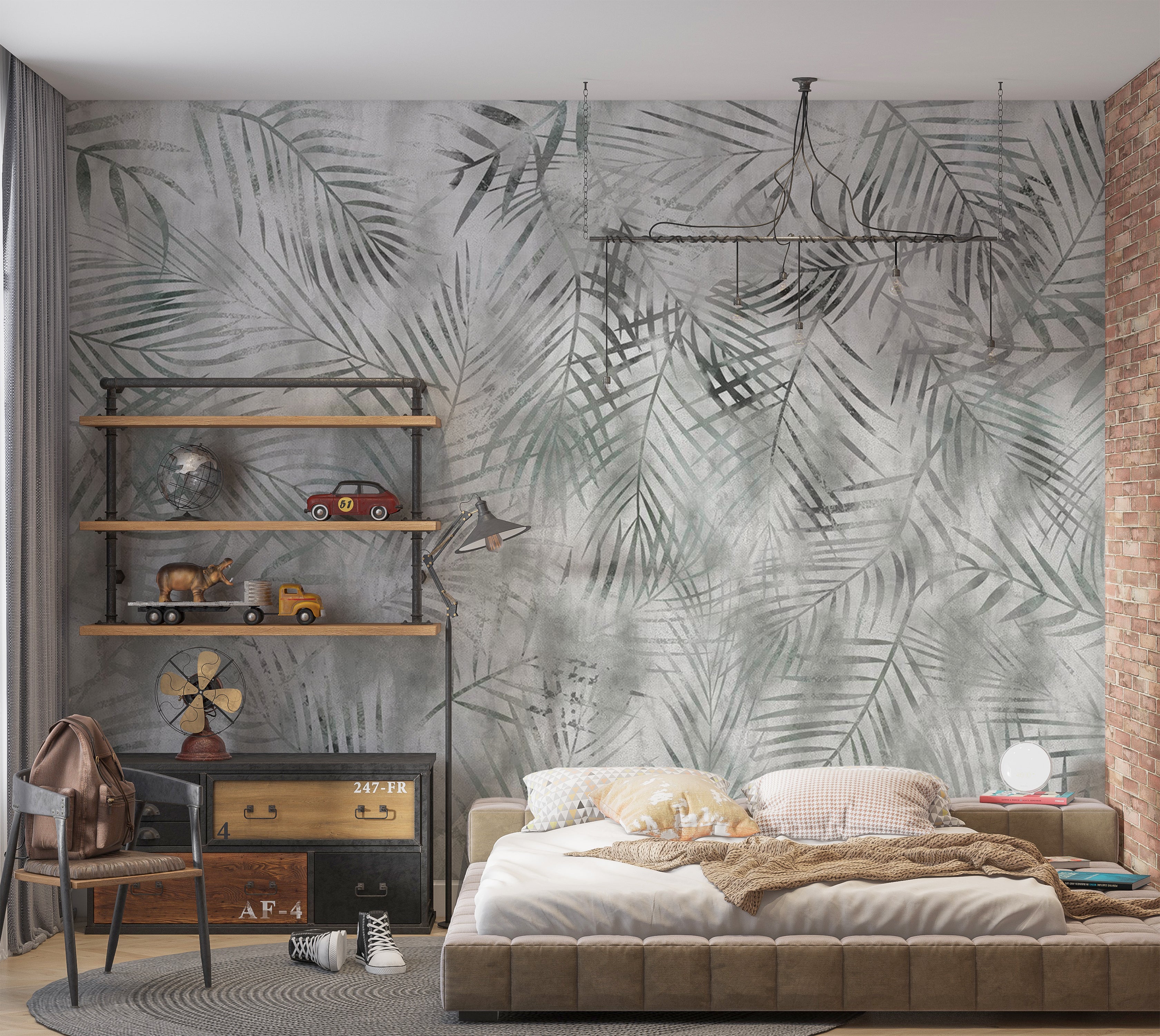 Botanical Wallpaper Wall Mural - Minimalist Grey Exotic Leaves 39"Wx27"H / Standard