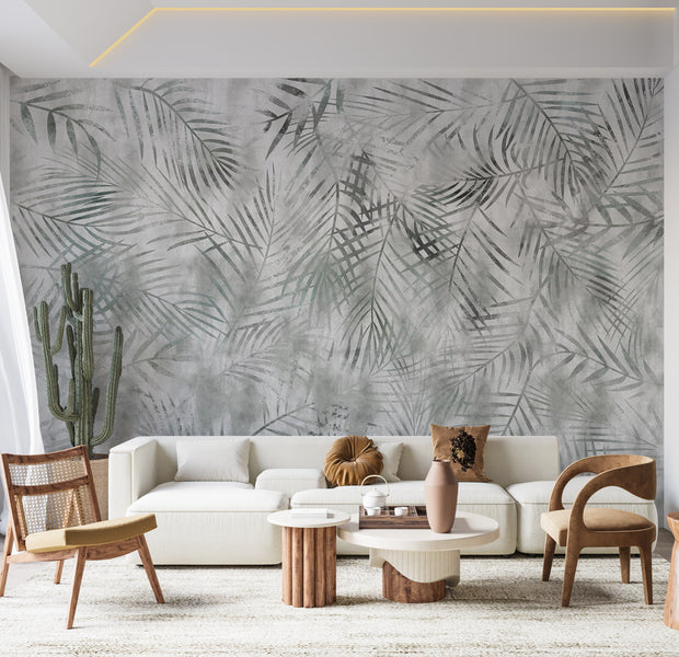 Peel & Stick Botanical Wall Mural - Minimalist Grey Exotic Leaves 38"Wx27"H