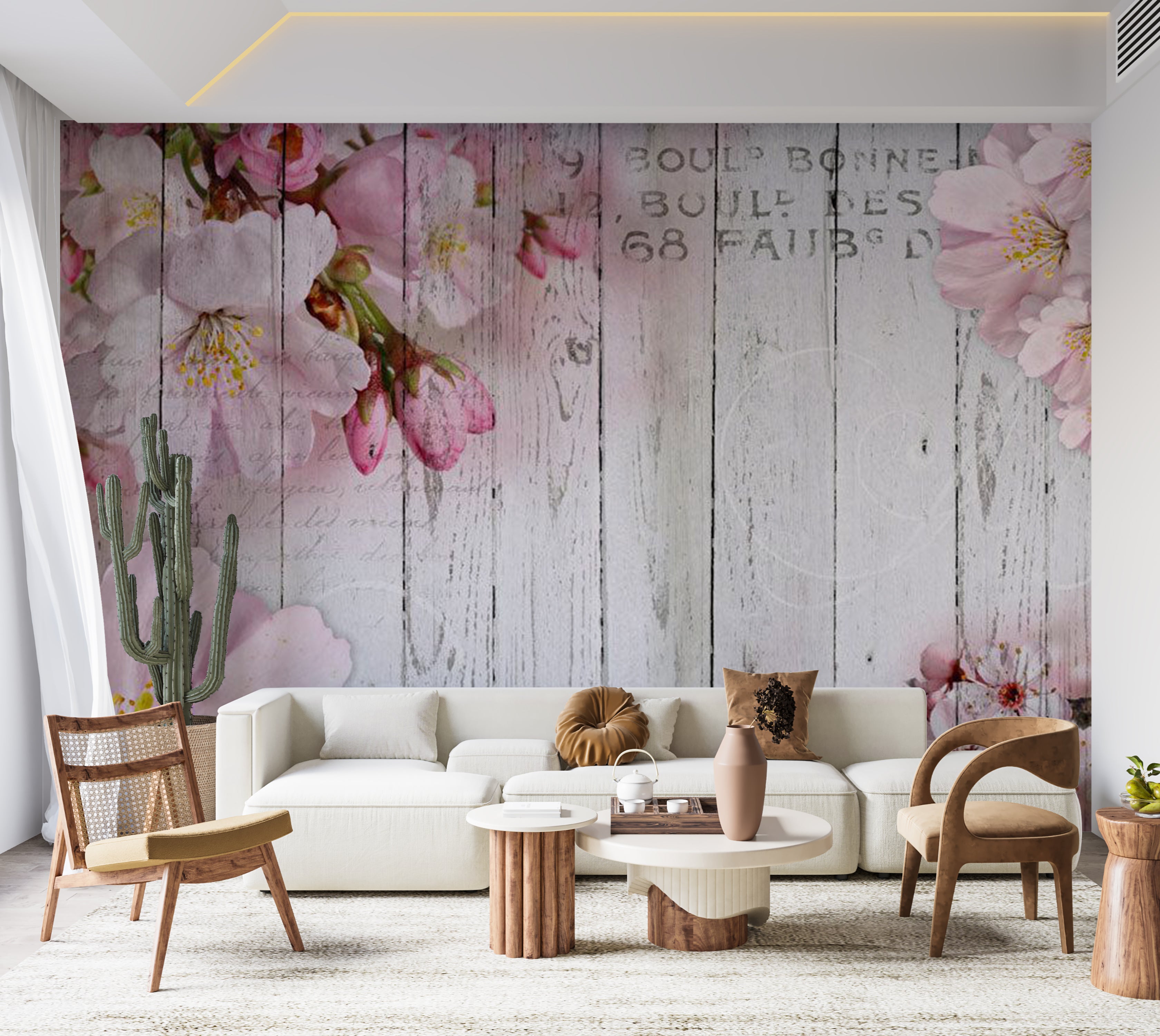 Peel & Stick Floral Wall Mural - Apple Blossoms on Vintage Wood 38"Wx27"H