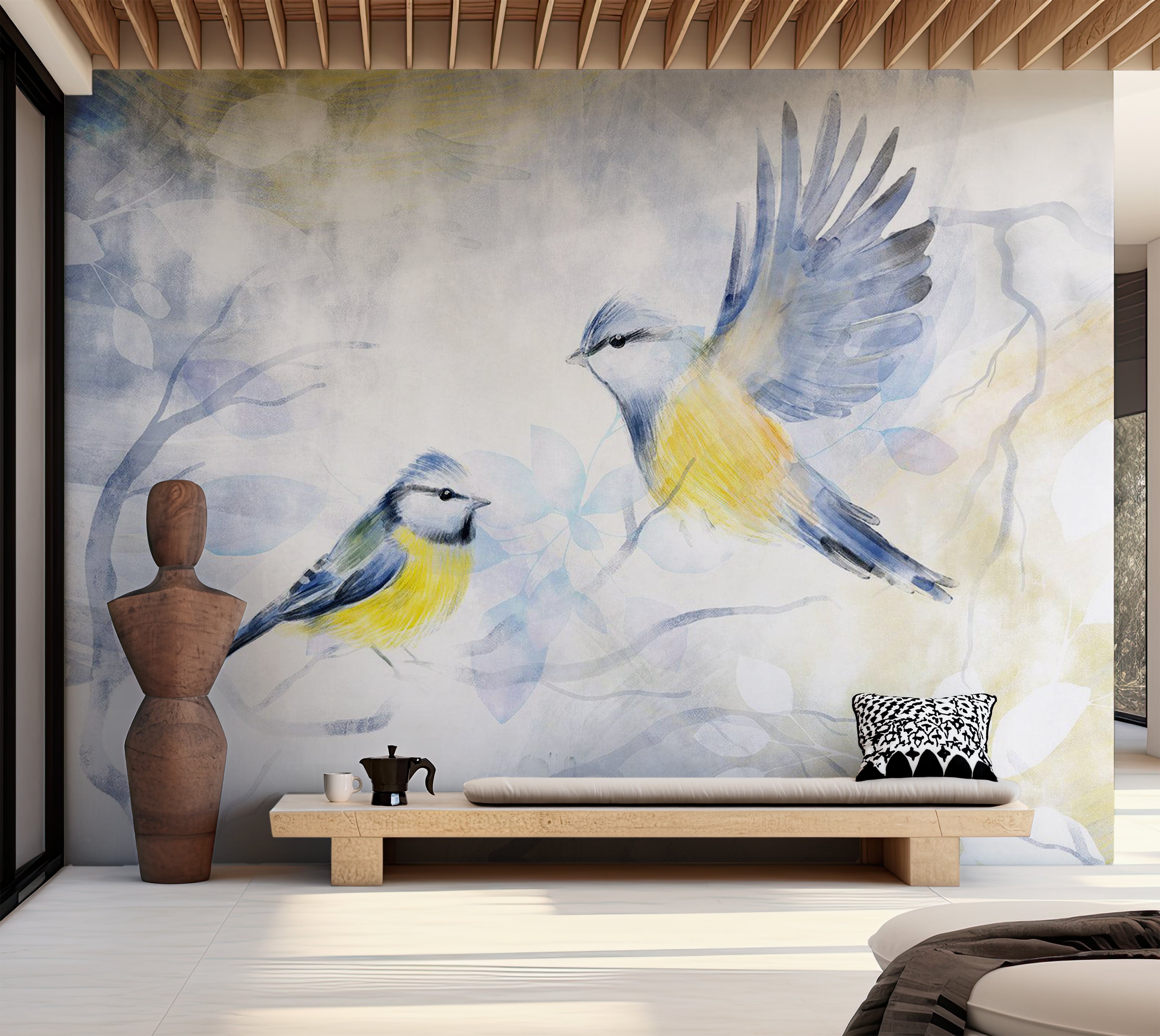 Animal Wallpaper Wall Mural - Watercolor Birds Blue 39"Wx27"H / Standard