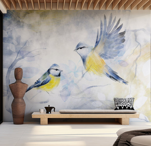 Animal Wallpaper Wall Mural - Watercolor Birds Blue 39"Wx27"H / Standard