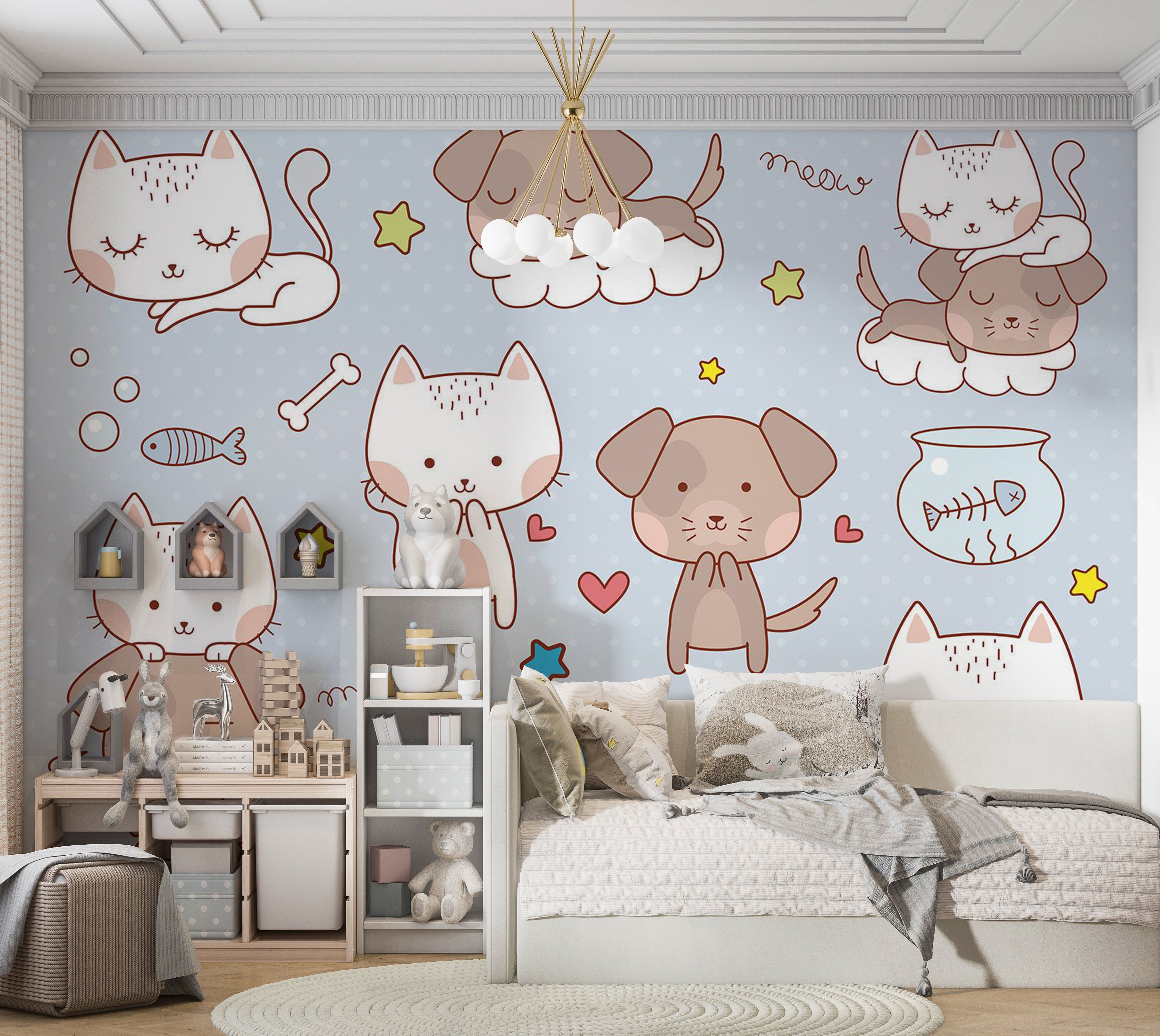 Kids Wallpaper Wall Mural - Cartoon Cats and Dogs 39"Wx27"H / Standard