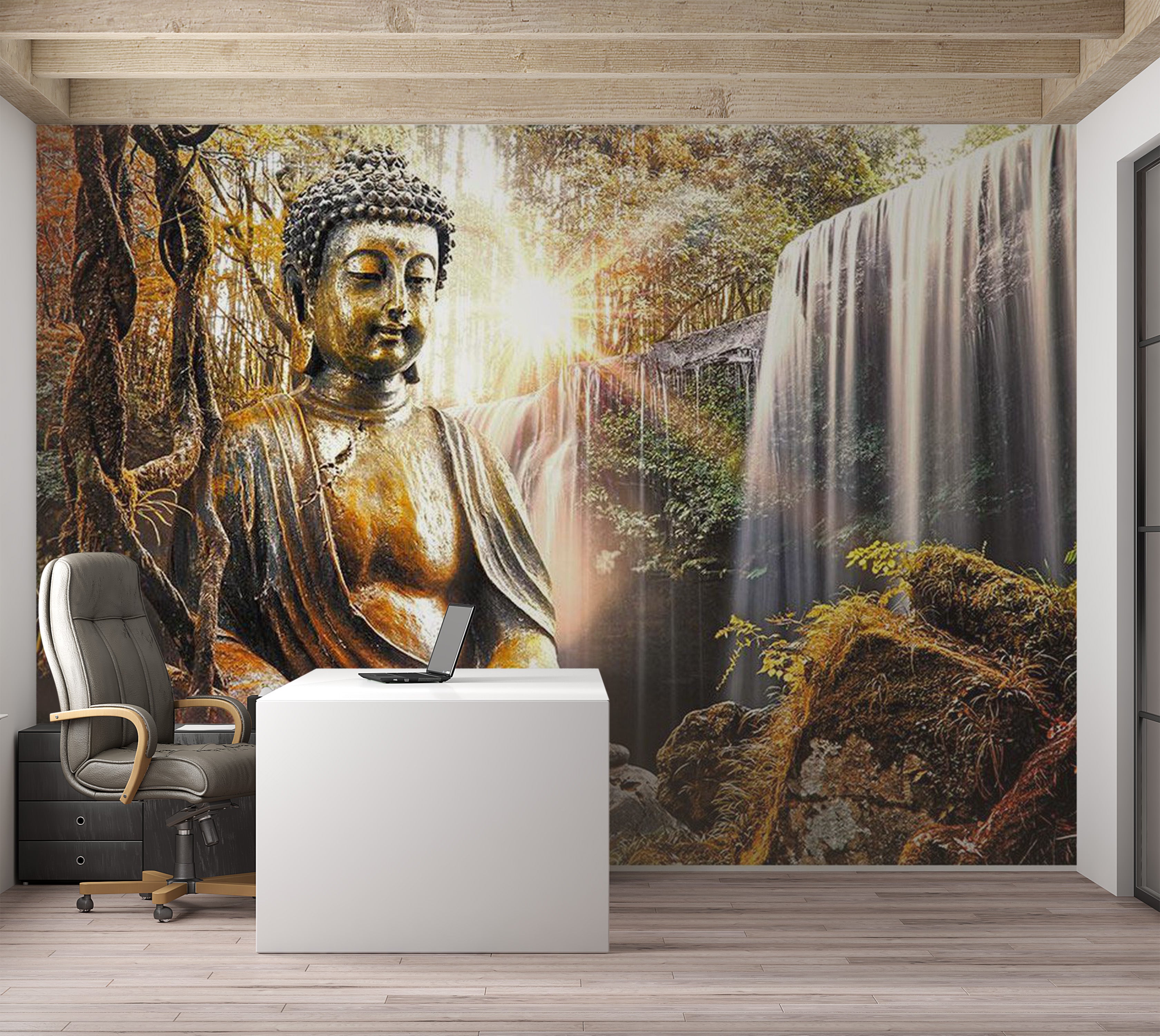 Zen Wallpaper Wall Mural - Waterfall Buddha Mix 39"Wx27"H