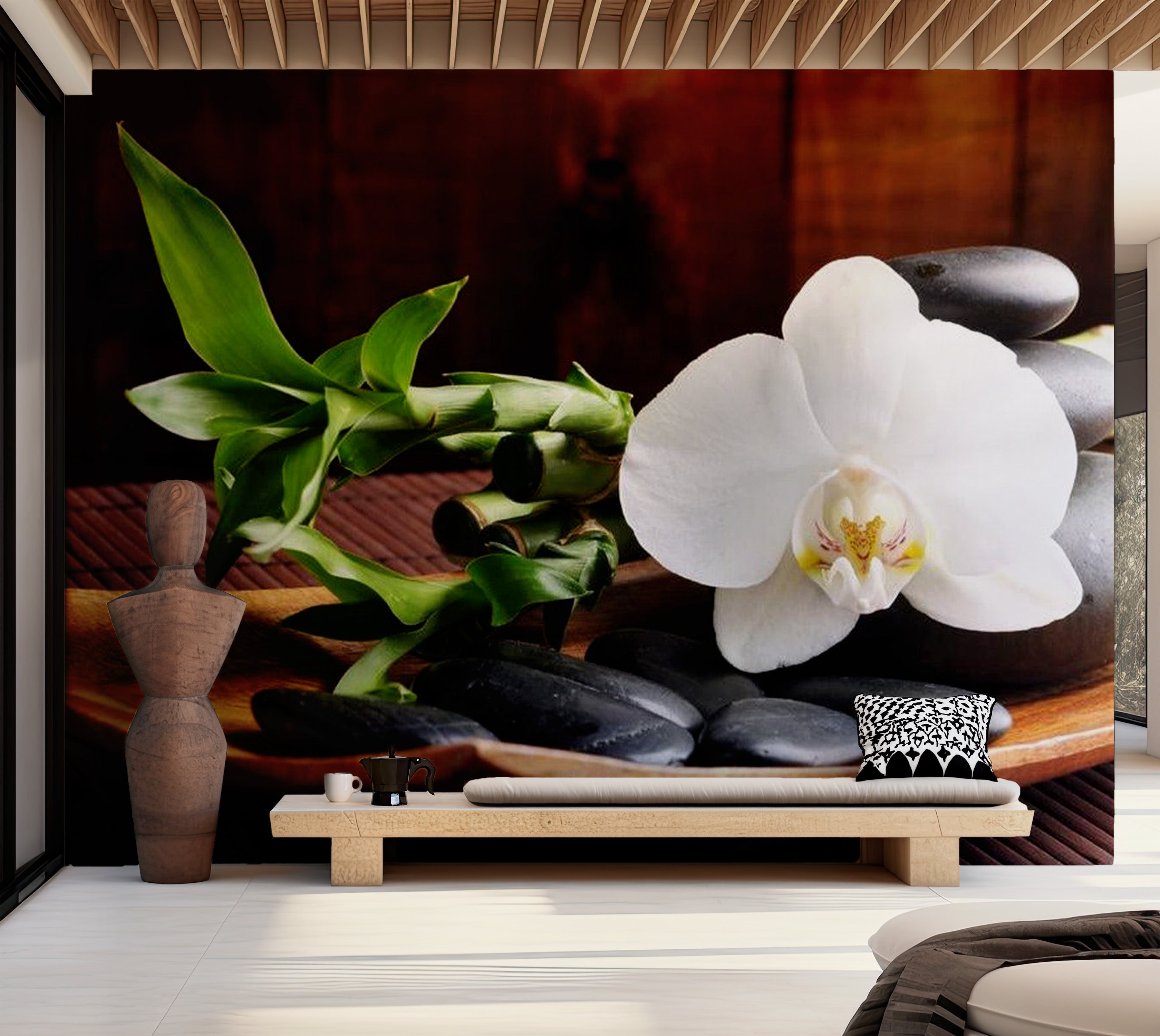 Zen Wallpaper Wall Mural - Bamboo, Black Stones & Orchid 118"Wx90"H