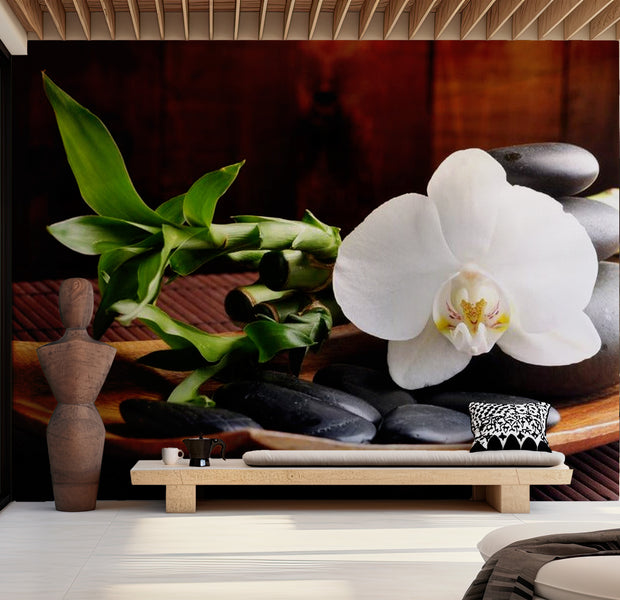 Zen Wallpaper Wall Mural - Bamboo, Black Stones & Orchid 118"Wx90"H