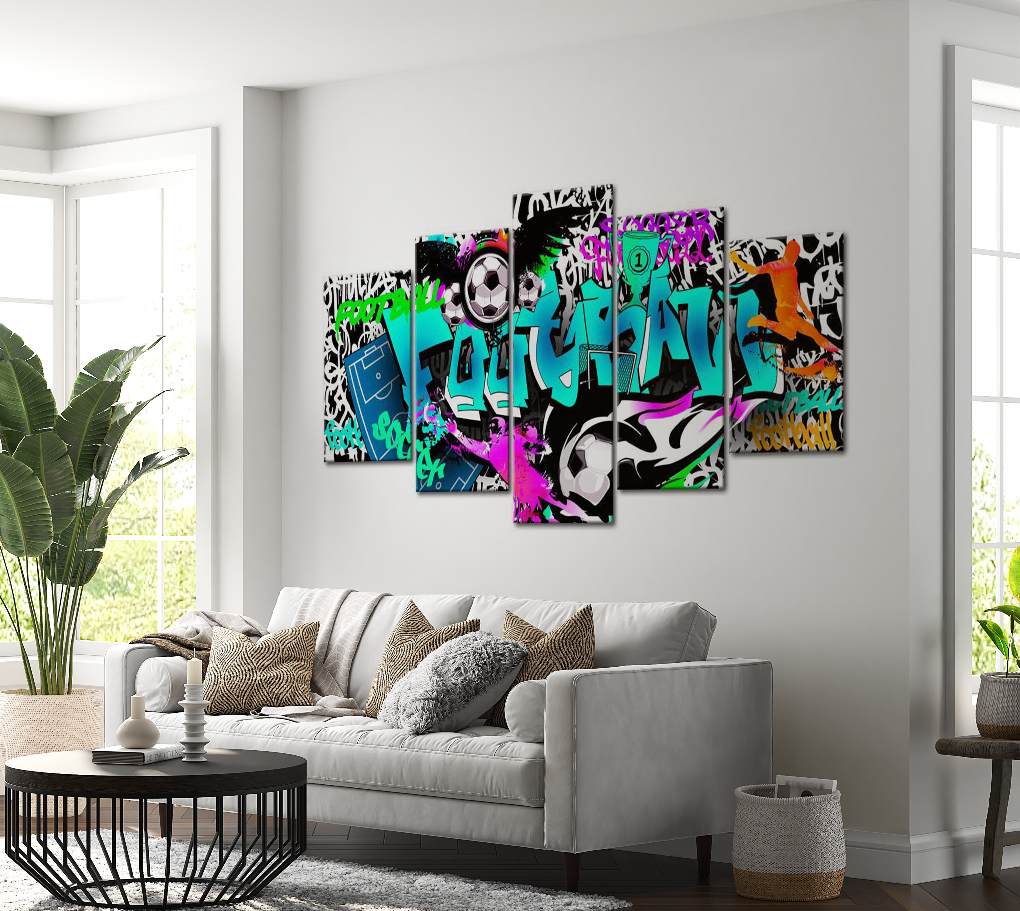 Stretched Canvas Street Art - Football Match  - 5 Pieces 40"Wx20"H