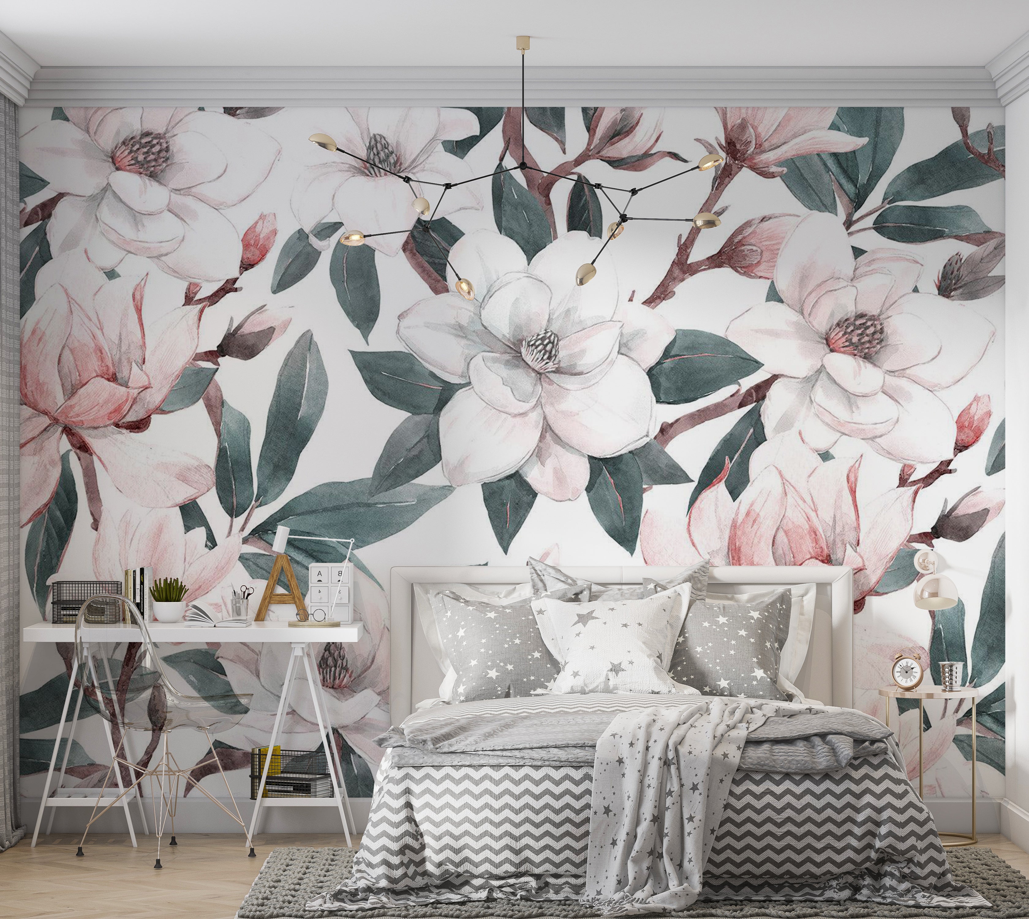 Floral Wallpaper Wall Mural - Watercolor Magnolias 39"Wx27"H / Standard