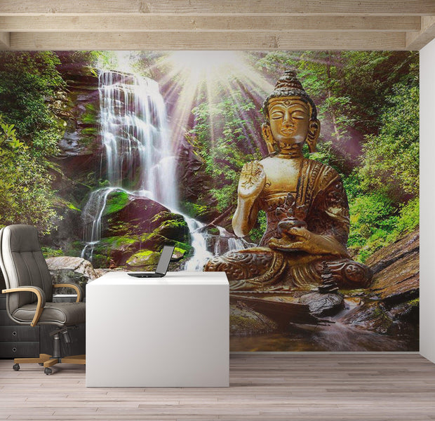 Zen Wallpaper Wall Mural - Buddha Waterfall Forest