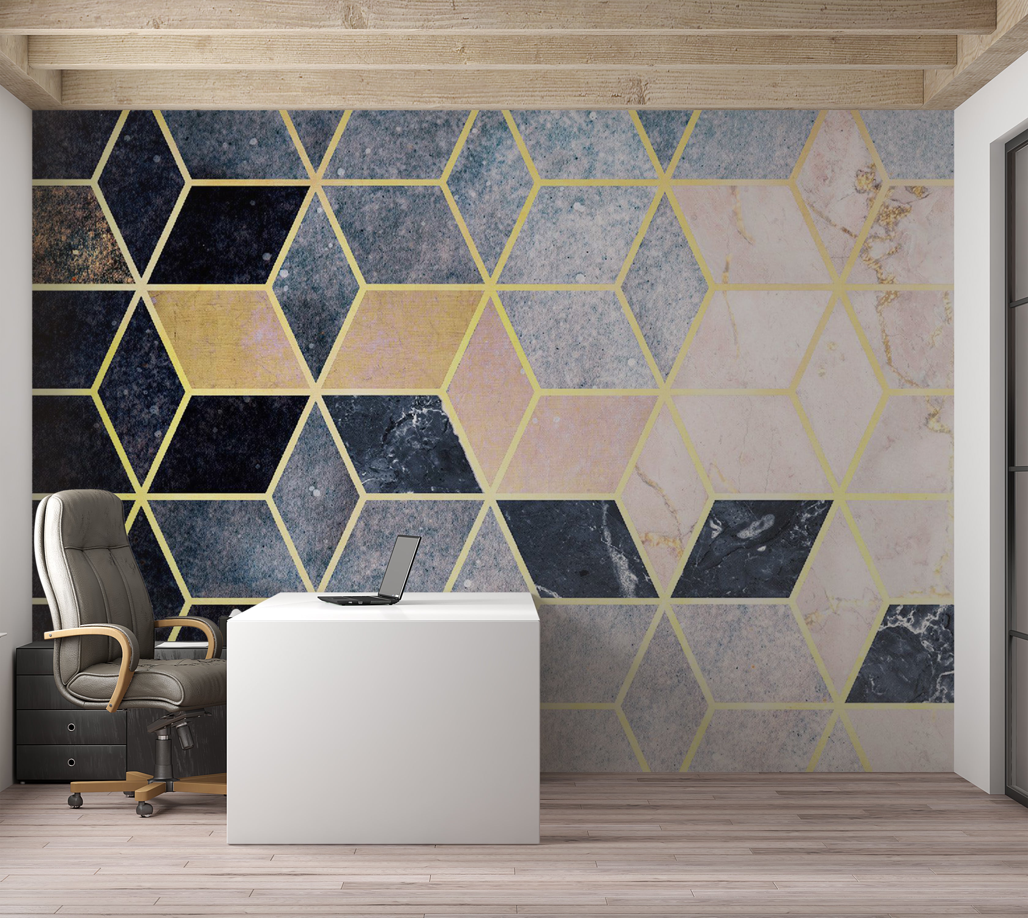 Abstract Wallpaper Wall Mural - Blue Geometric Pattern 39"Wx27"H / Standard