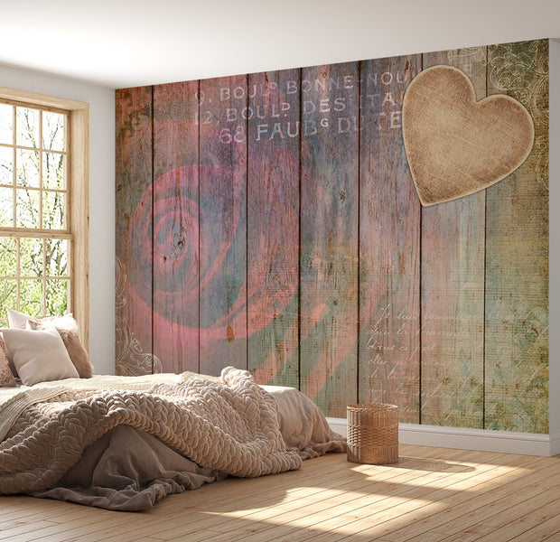 Background & Patterns Wallpaper Wall Mural - Carved Memories On Vintage Wood 39"Wx27"H