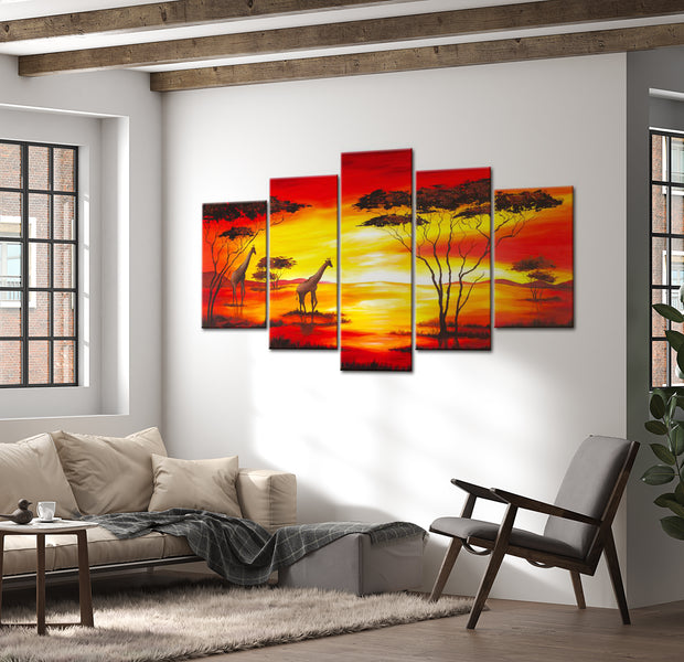 Stretched Canvas Landscape Art - Giraffes And A Beautiful Sunset 40"Wx20"H