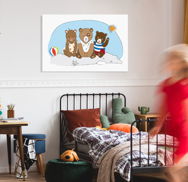 Cartoon Canvas Wall Art - Teddy Bears on the Beach
