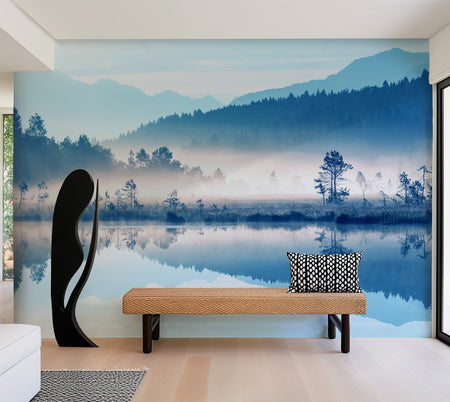 Premium Wallpaper Wall Mural - Blue Grey Misty Mountains Forest
