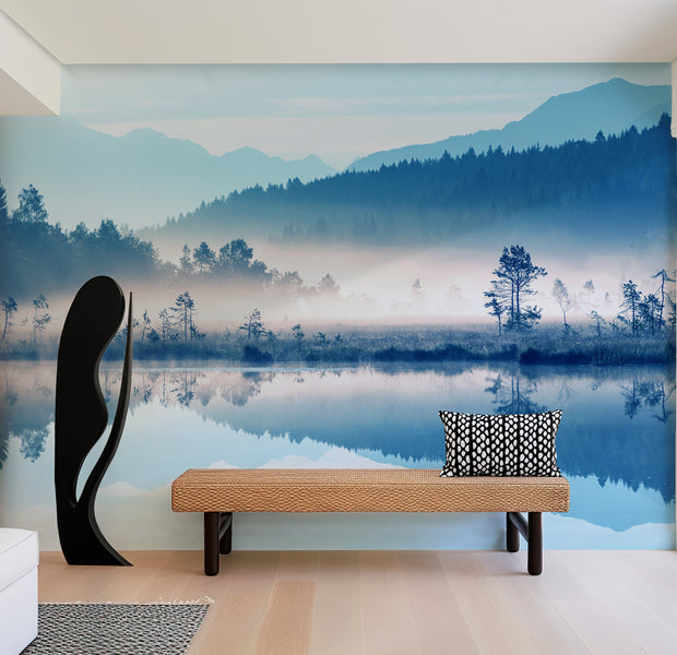 Premium Wallpaper Wall Mural - Blue Grey Misty Mountains Forest