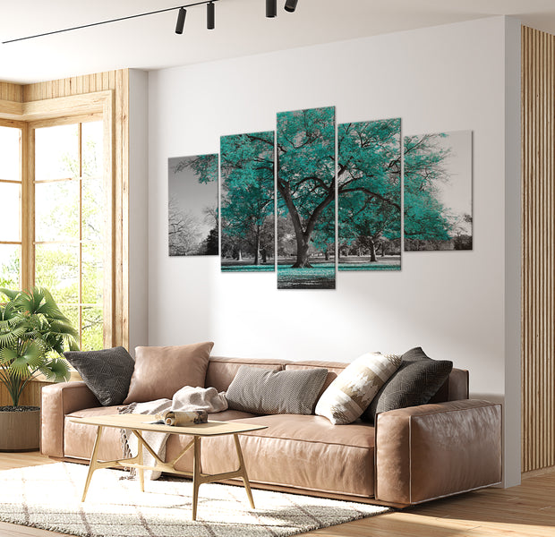 Stretched Canvas Landscape Art - Autumn In The Park Turquoise 40"Wx20"H