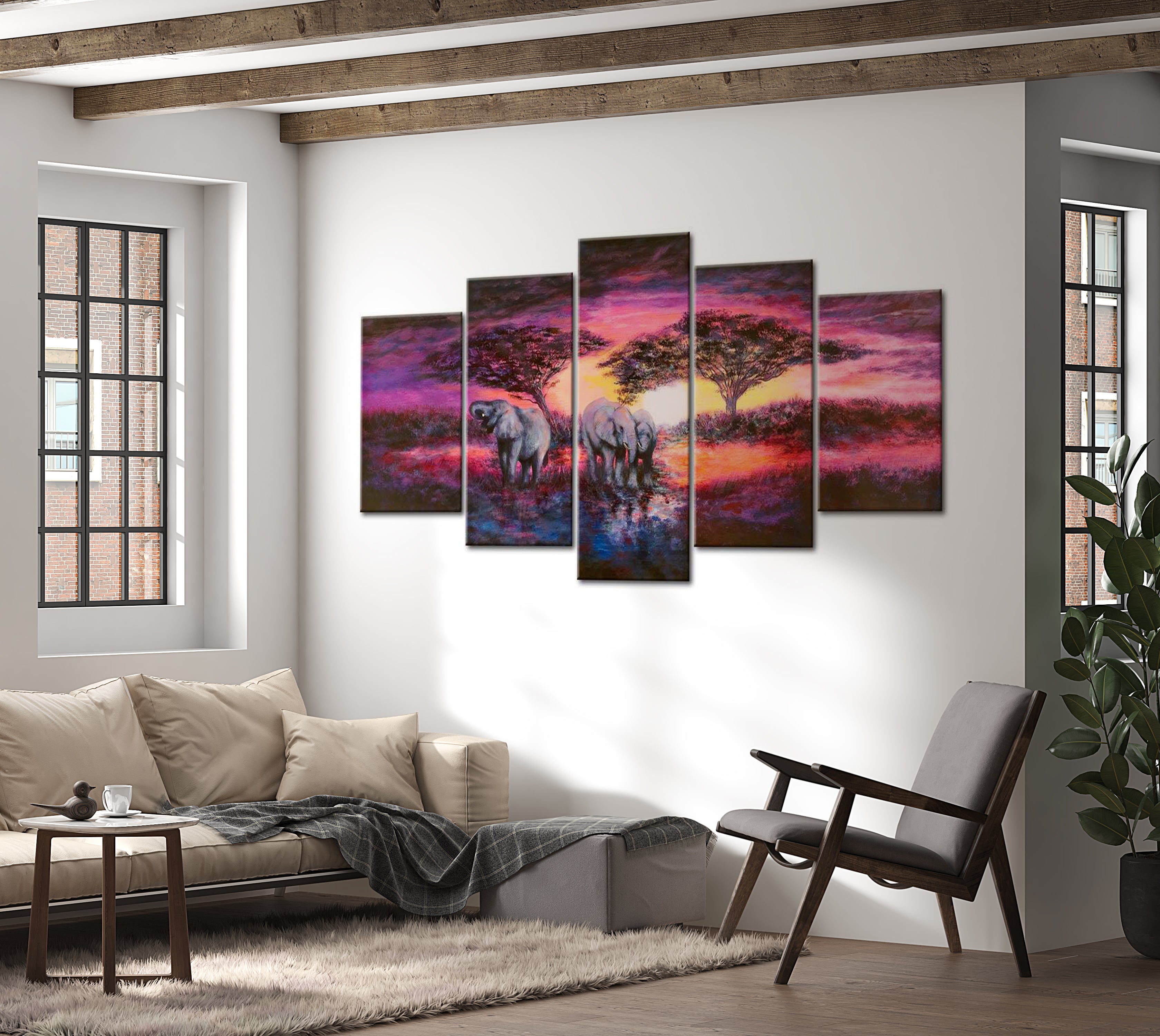 Stretched Canvas Landscape Art - Purple Savannah Sunset 40"Wx20"H