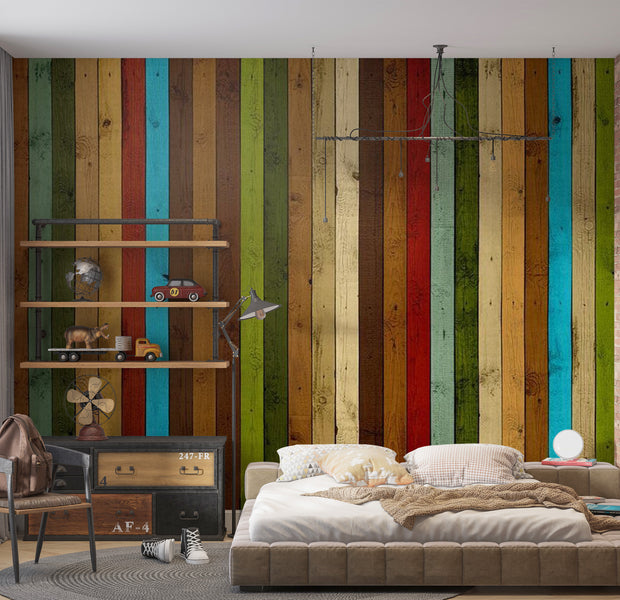 Background & Patterns Wallpaper Wall Mural - Mixed Coloured Wooden Planks 118"Wx90"H
