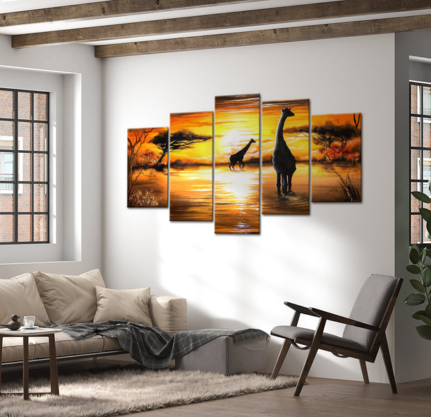 Stretched Canvas Landscape Art - Giraffes At Sunset 40"Wx20"H