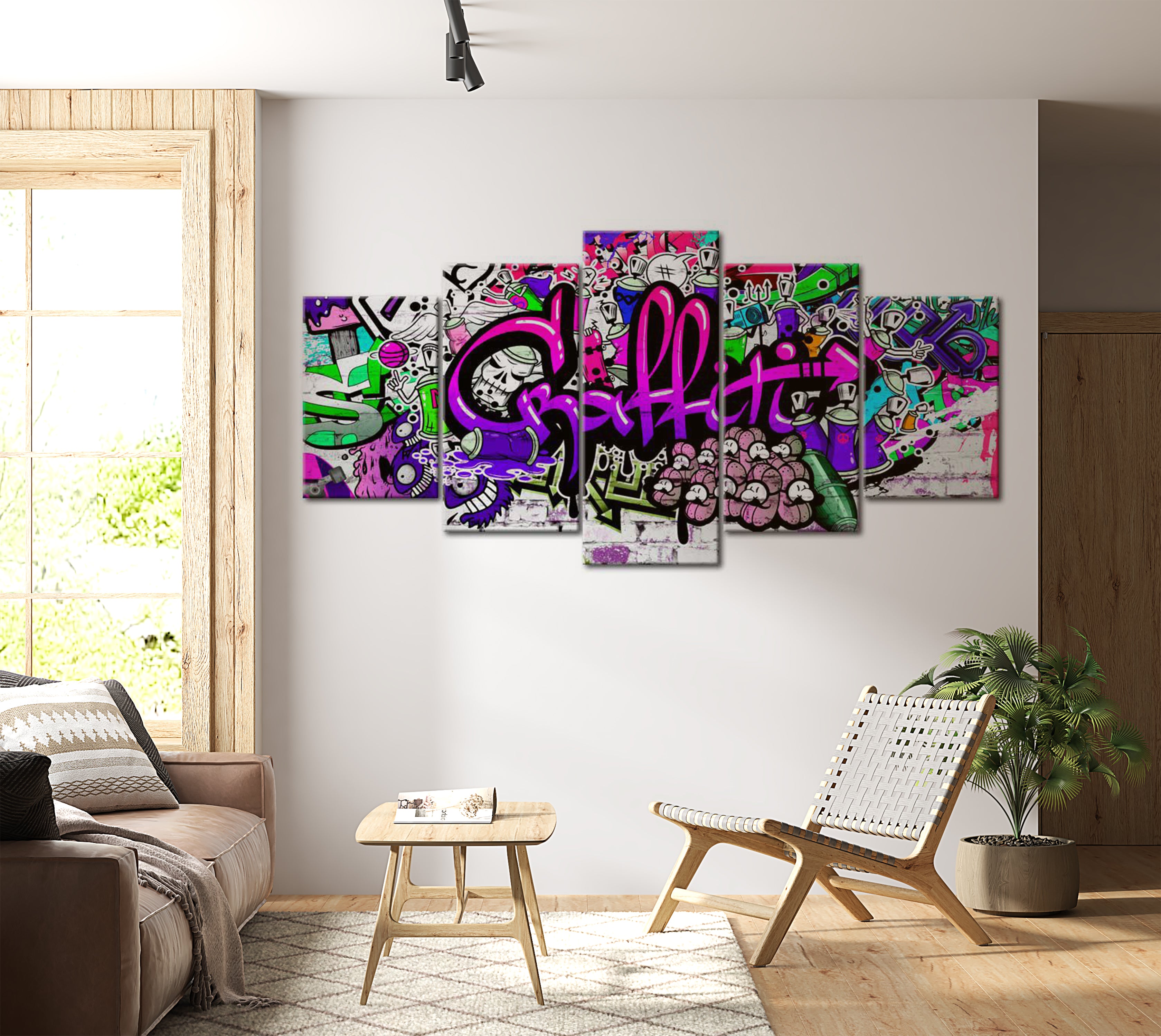 Stretched Canvas Street Art - Graffiti Purple Violet  - 5 Pieces 40"Wx20"H