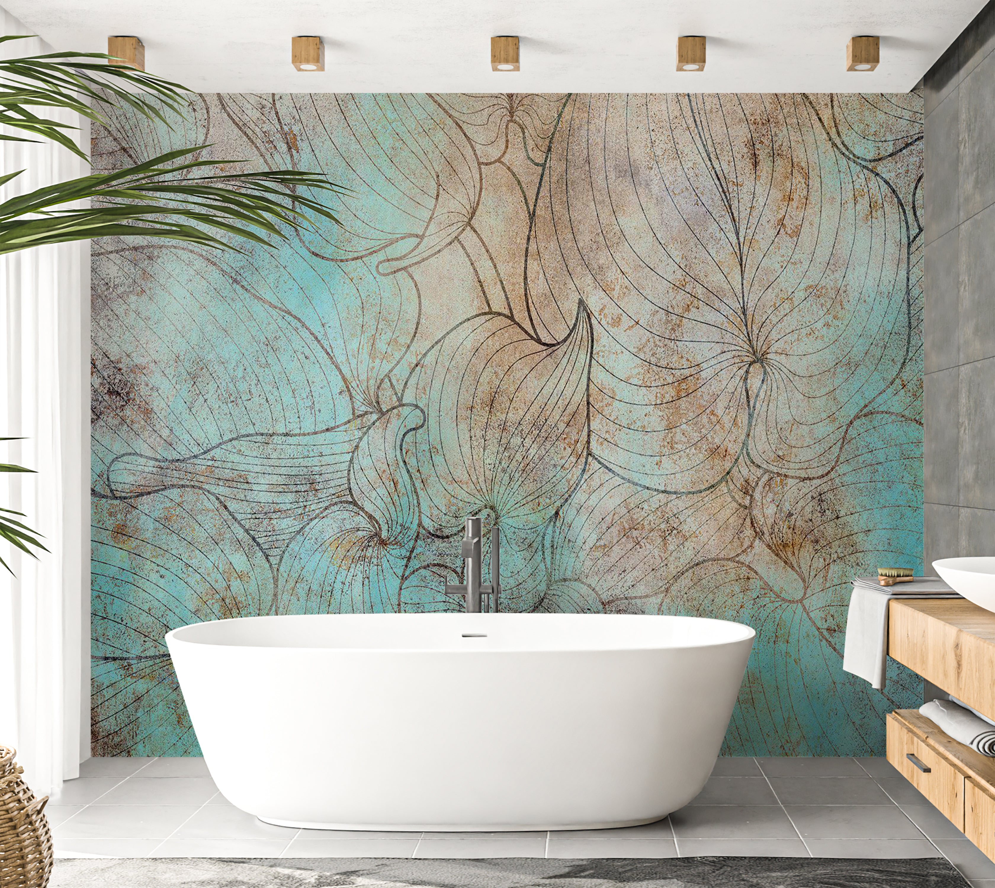 Botanical Wallpaper Wall Mural - Leaves in Blue 39"Wx27"H / Standard