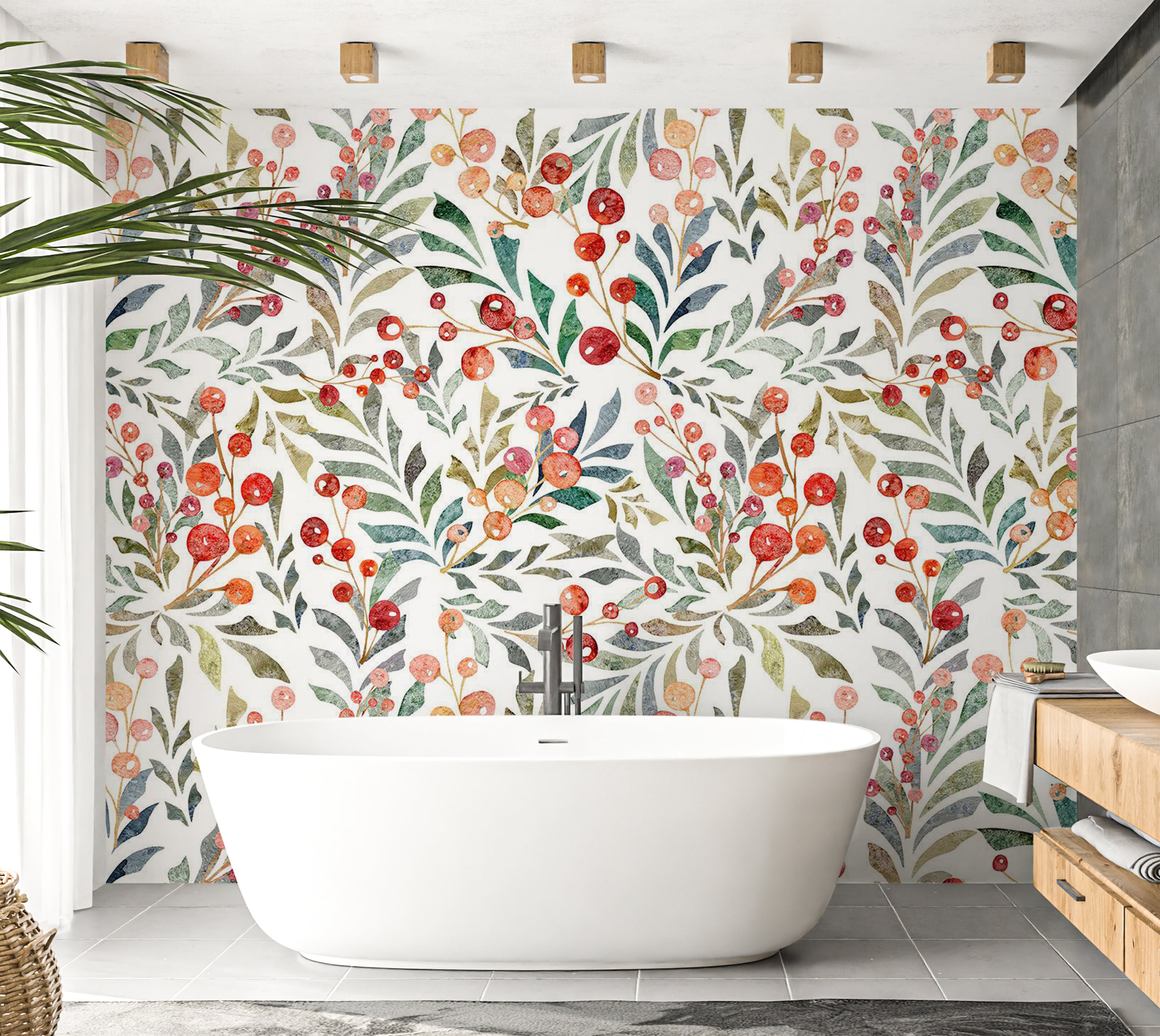 Botanical Wallpaper Wall Mural - Leaves of Red Berries 39"Wx27"H / Standard