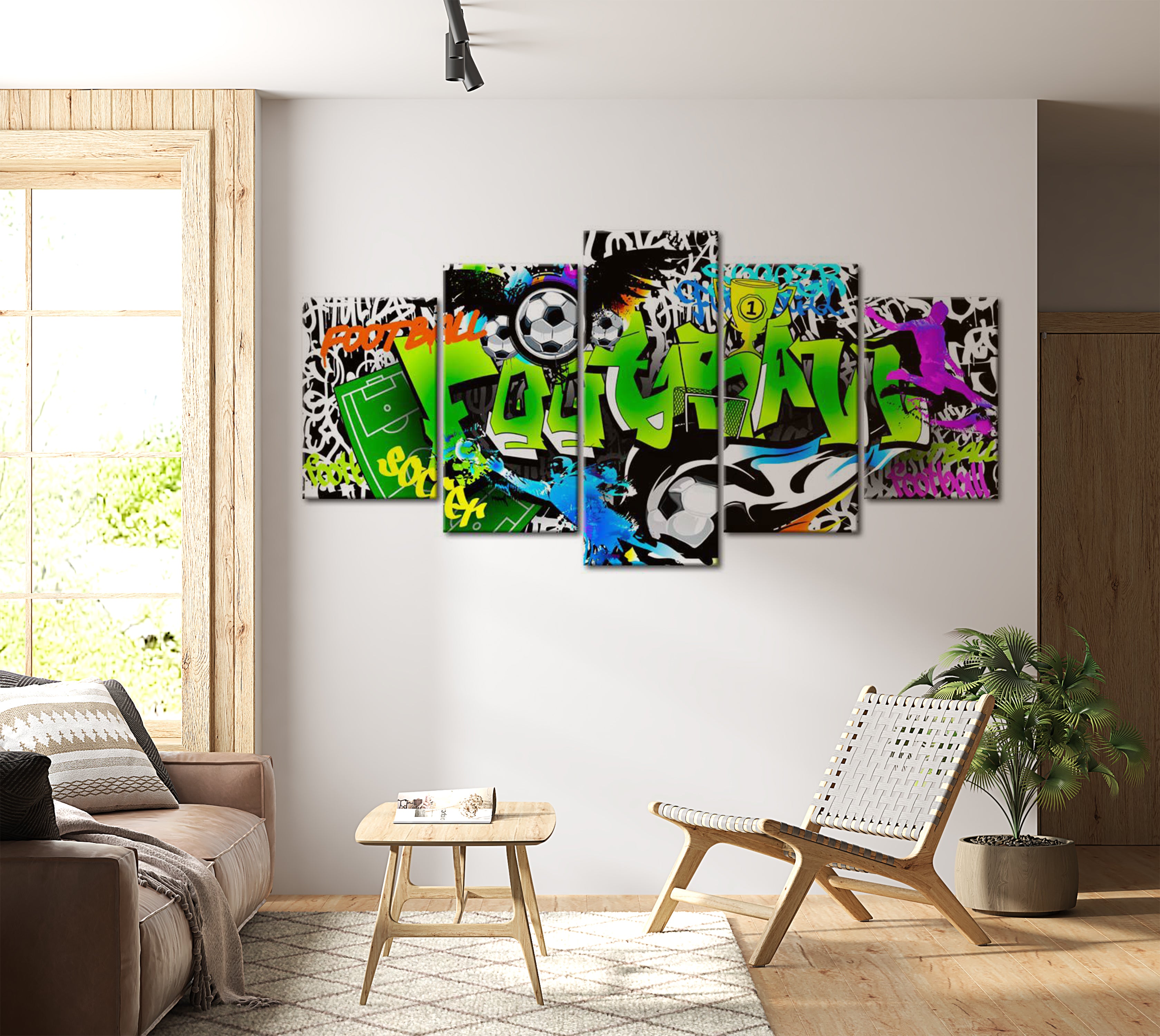 Stretched Canvas Street Art - Football Mania Green  - 5 Pieces 40"Wx20"H