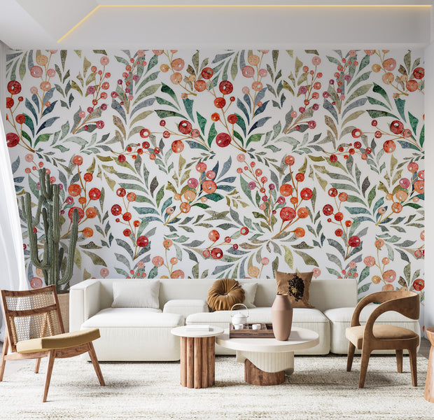 Peel & Stick Botanical Wall Mural - Leaves of Red Berries 38"Wx27"H