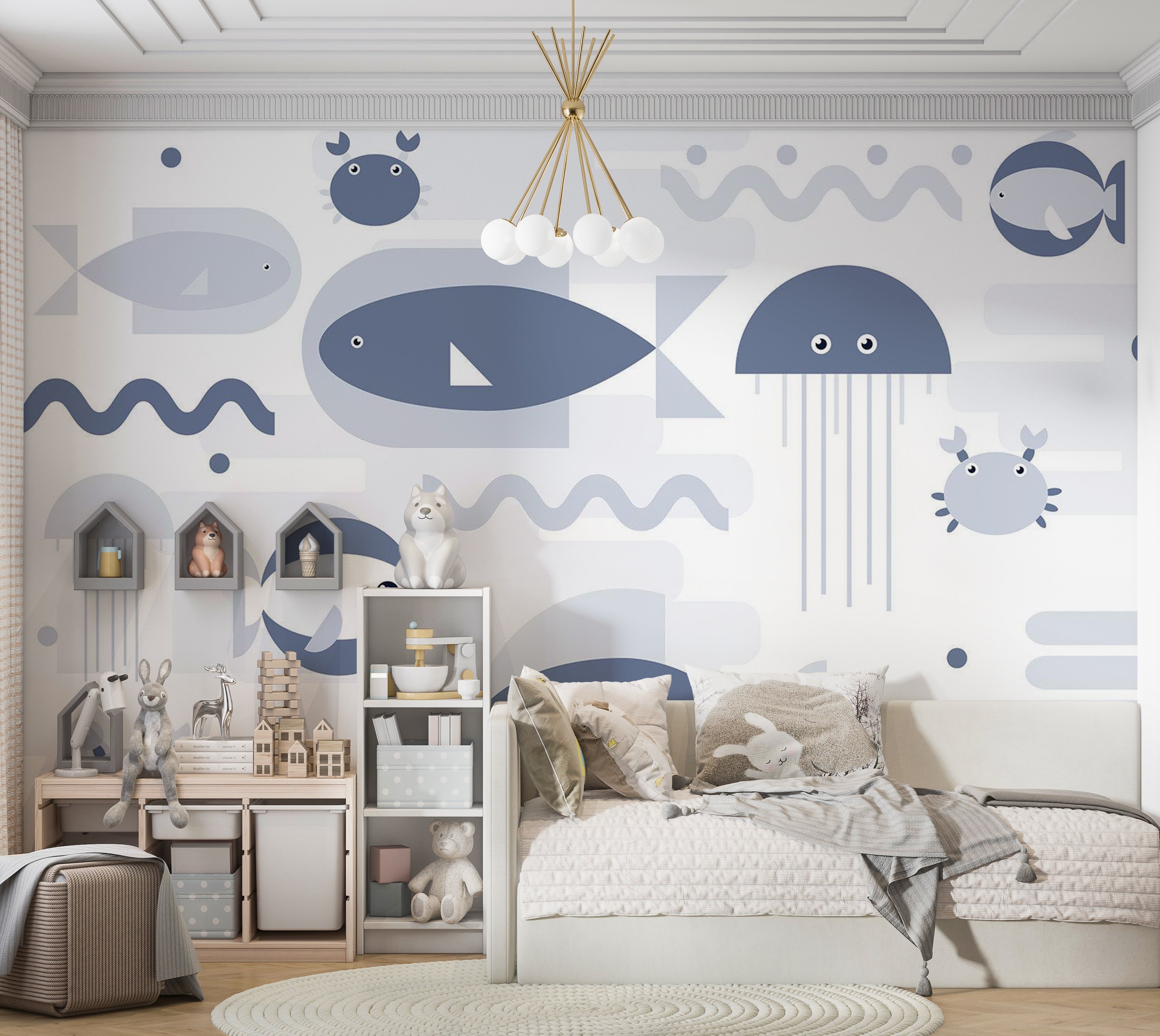 Kids Wallpaper Wall Mural - Geometric Fish and Crabs 39"Wx27"H / Standard