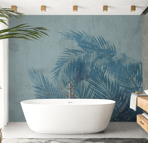 Botanical Wallpaper Wall Mural - Palm Leaves in Blue 39"Wx27"H / Standard