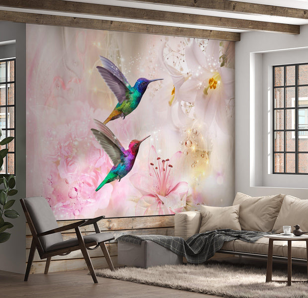 Animal Wallpaper Wall Mural - Colourful Hummingbirds Pink