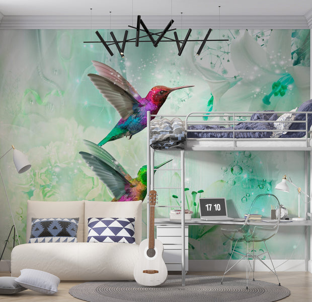 Animal Wallpaper Wall Mural - Colourful Hummingbirds Green 39"Wx27"H