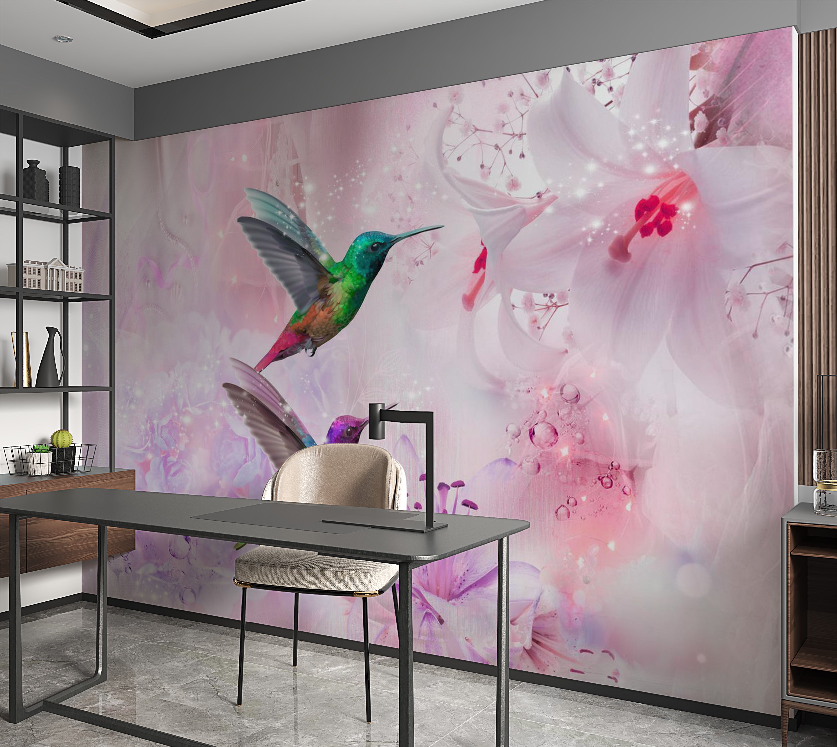 Animal Wallpaper Wall Mural - Colourful Hummingbirds Purple 39"Wx27"H